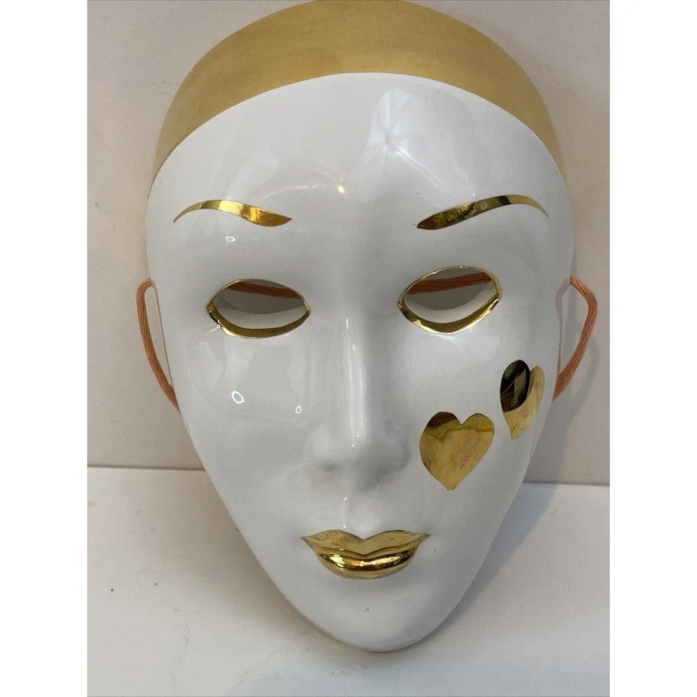 Vintage Small ceramic white and gold Heart face mask
